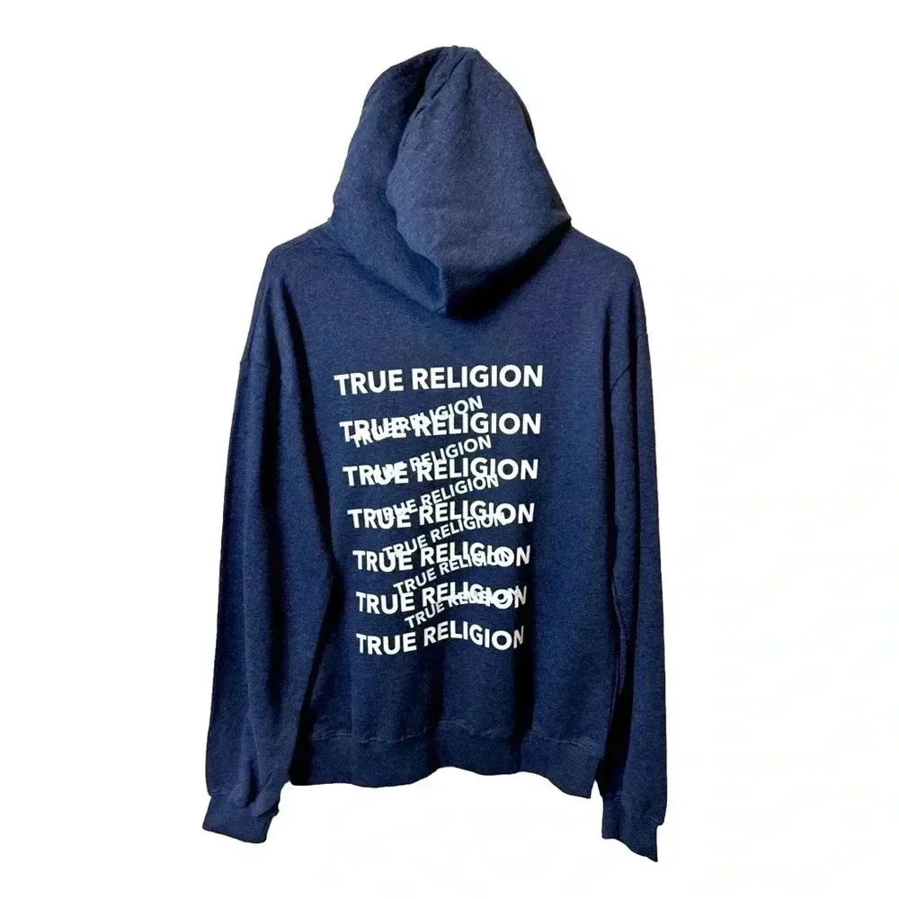 NWT True Religion Navy Blue Pullover Hoodie. Print On Back‎ Horseshoe Logo Front